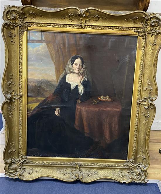 Victorian School, oil on canvas, Interior portrait of a lady seated at a table, a harp beyond, 75 x 62cm